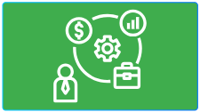 Employers An icon of a man, money, a briefcase, a chart , and a gear