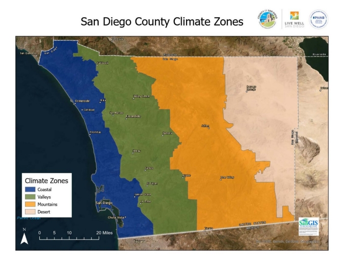 San Diego County Climate Zones Image description: a map of San Diego County divided into four distinct climate zones. From west to east: coastal (dark blue), valleys (green), mountains (yellow), desert (tan). The climate zones extend the full north-south length of the county, paralleling the angle of the coastline, and the map is laid over a satellite image basemap of Southern California, trimmed to focus on San Diego County.