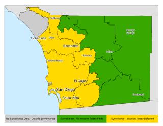 map showing where invasive aedes mosquitoes have been found around the county's coastal areas and inland valleys. They have not yet been found through surveillance in desert or far mountain areas.