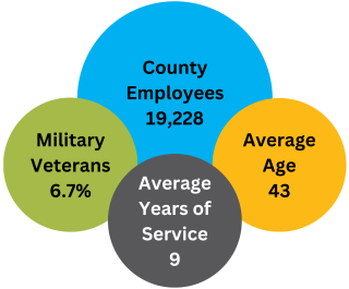 19,228 employees, 6.7% military veterans, average years of service 9, average age 43