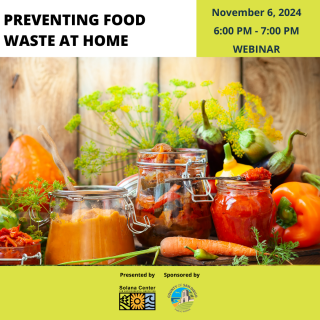 Top left corner with black text reading Preventing Food Waste at Home, Top right corner with green text reading November 6, 2024 6:00pm-7:00pm Webinar, beneath texts is image of various foods in jars and surrounding the jars are carrots, peppers, squash, green and yellow flowers.