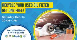 Yellow highlighted text "Recycle Your Used Oil FIlter Get One Free! Saturday Dec. 14, 10am-1pm"/ Circular image, hand with white glove holding used car filter with background of car engine with a clean filter.