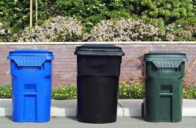 Image of 3 bin collection system- blue bin, black bin and green bin