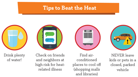 Tips to Beat the Heat Tips to Beat the Heat: Drink plenty of water, check on friends and neighbors at high risk for heat-related illness, find air-conditioned places to cool off, and never leave kids or pets in a closed, parked vehicle.