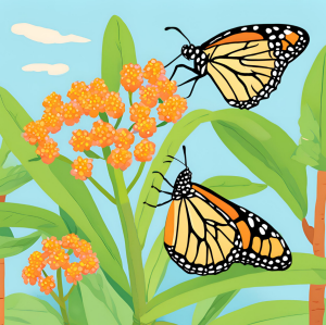 Illustration of butterflies on milkweed